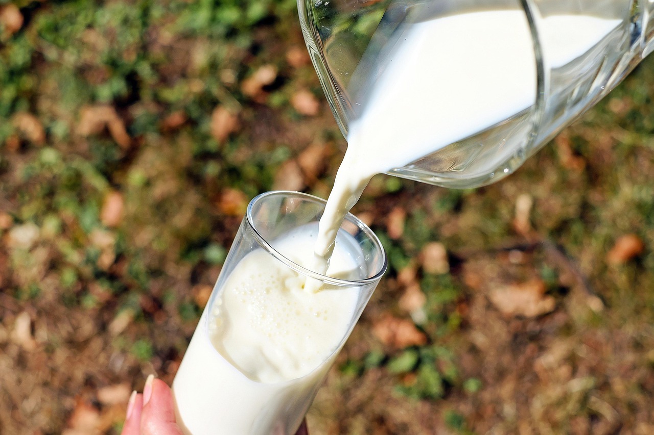 Verre rempli de lait posé sur une surface claire